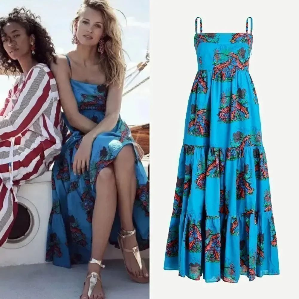 J Crew Tiered Utramarine Blue Maxidress in Lobster print